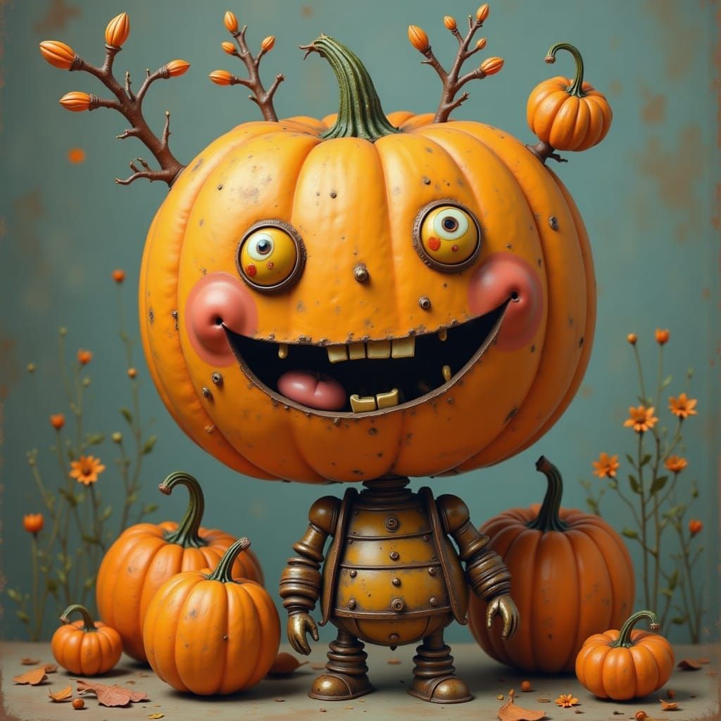 Canned Pumpkin Robot Character in Rusty Metal Style