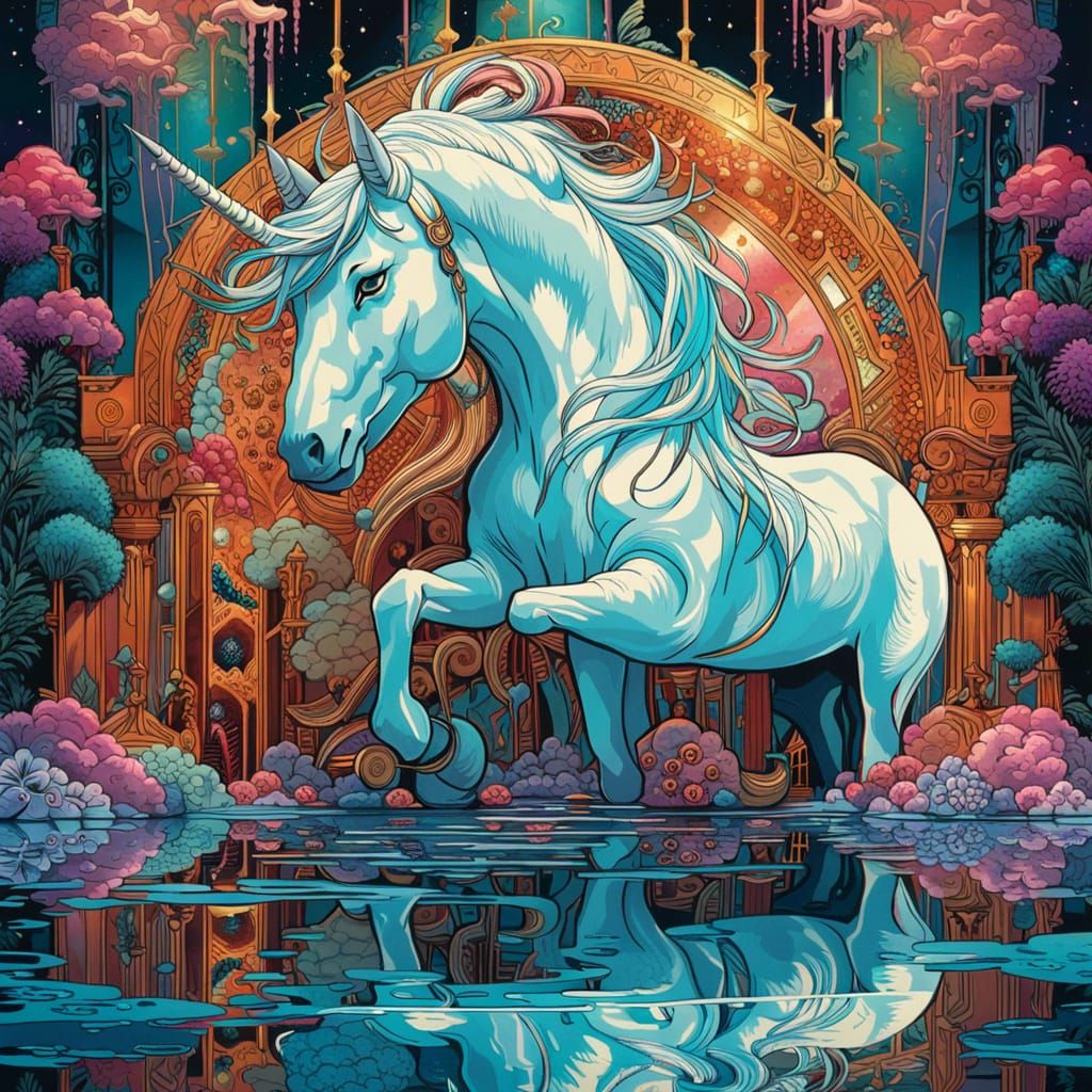 Unicorn Gazing at Reflection, Detailed Digital Art