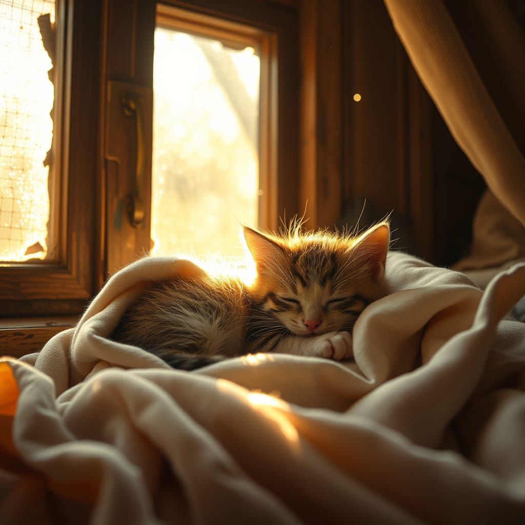 Surreal Sunlit Kitten in Majestic Cozy Scene