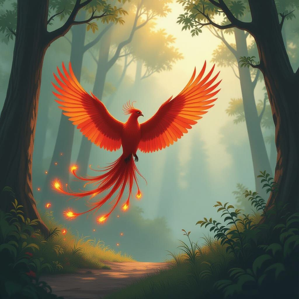 Majestic Firebird in Ethereal Forest Clearing