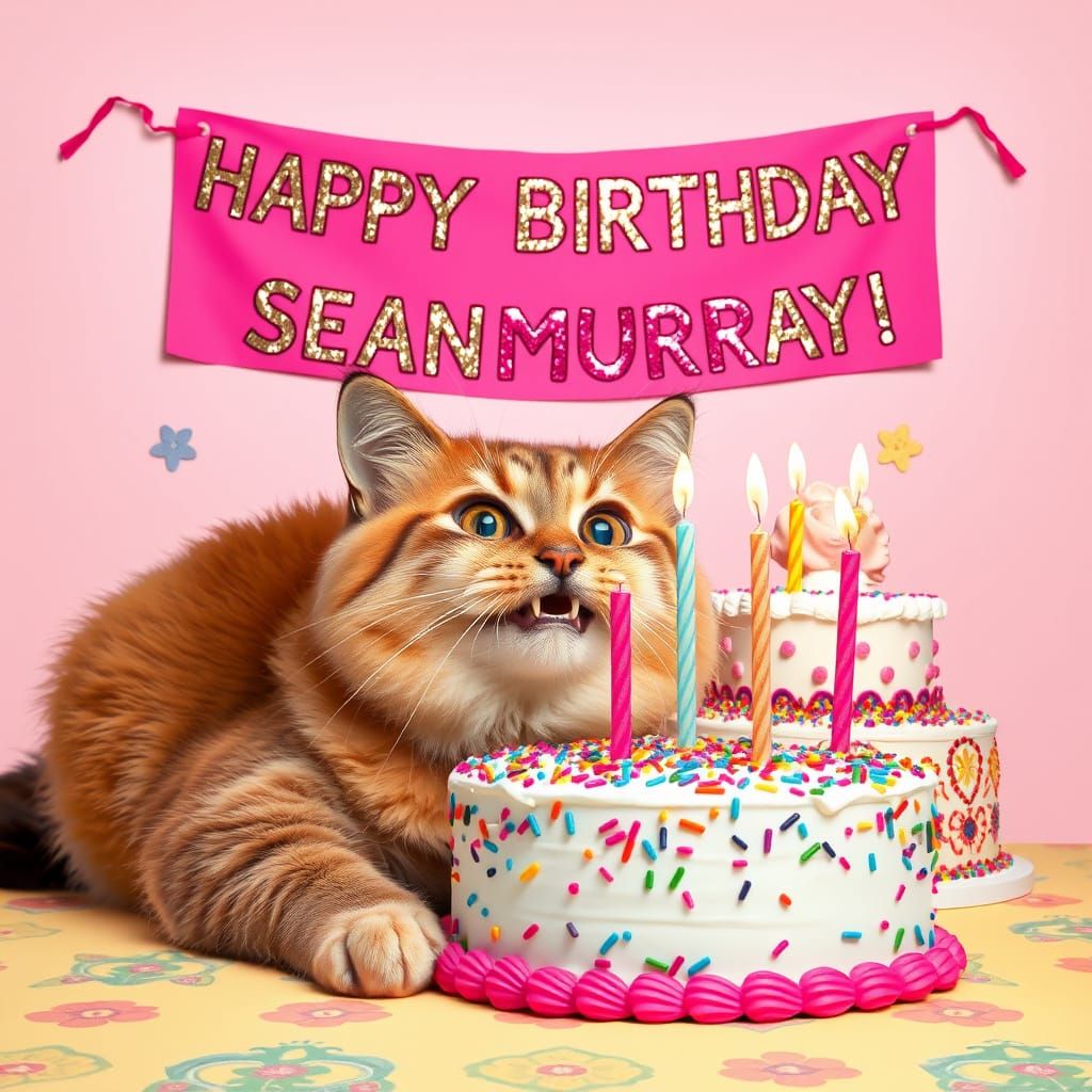 Vibrant Birthday Cat Celebrates in Whimsical Murakami Style