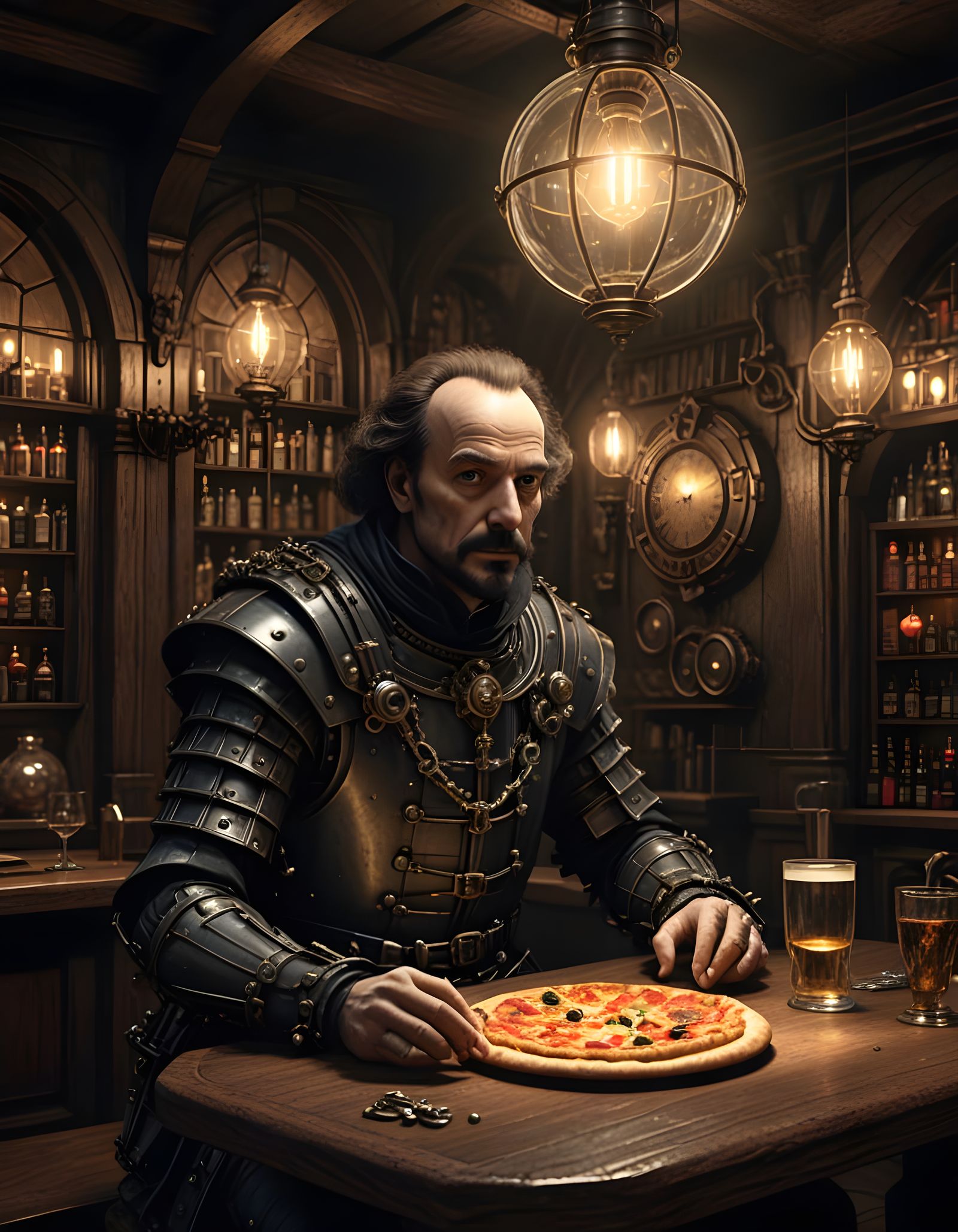 Steampunk Shakespeare in a Medieval Pub, Hyperrealistic Scen...