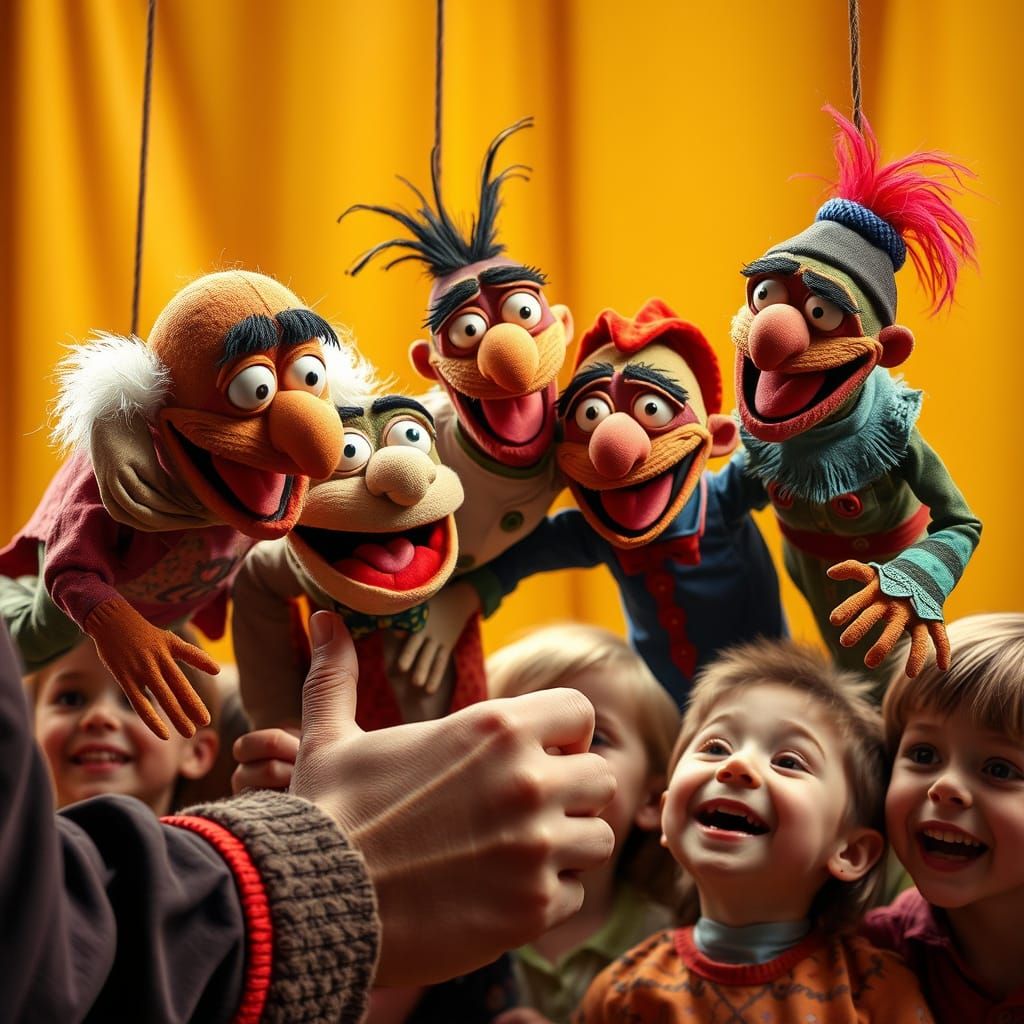 Comical Marionettes Entertain Children in Vivid Detail