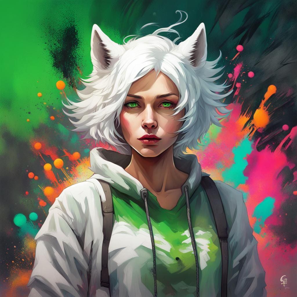 White-Haired Woman Surviving Apocalyptic Graffiti Art