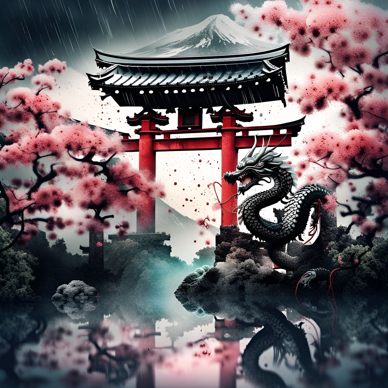 Asian Dragon at Torii Gate with Mount Fuji