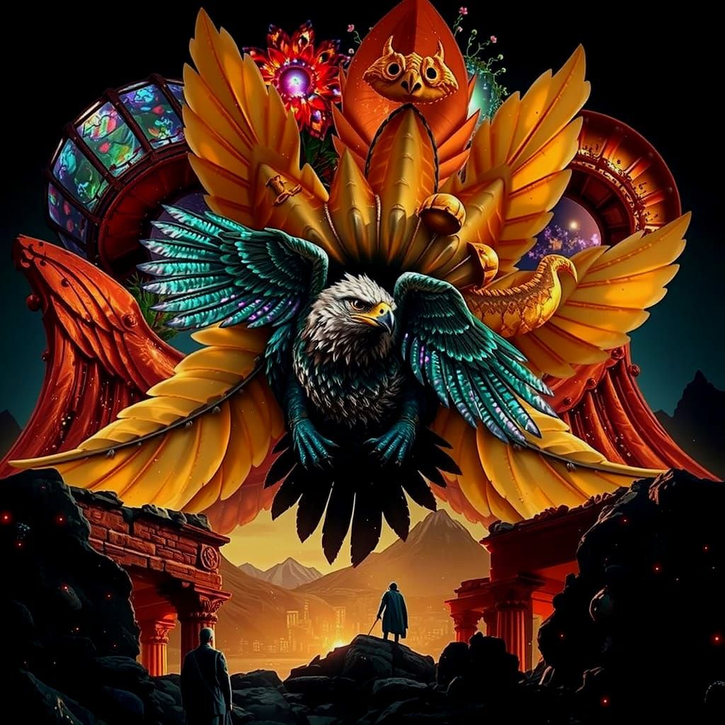 Majestic Griffin on Ancient Ruins in Bioluminescent Flora