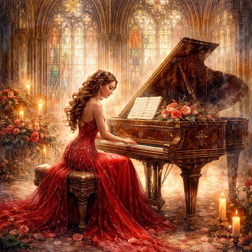 Woman in Red Gown Plays Piano in Gothic Cathedral