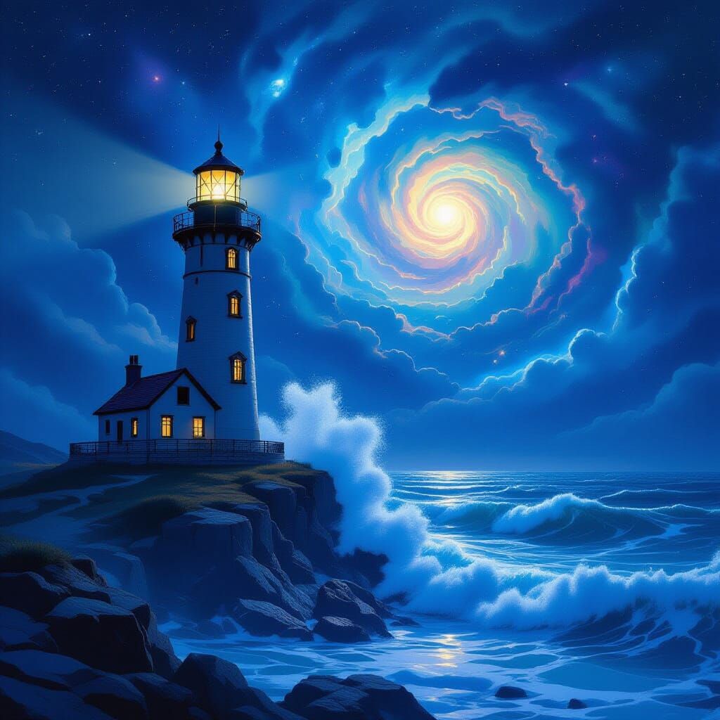 Cosmic Lighthouse Beacon in Starry Astral Sea