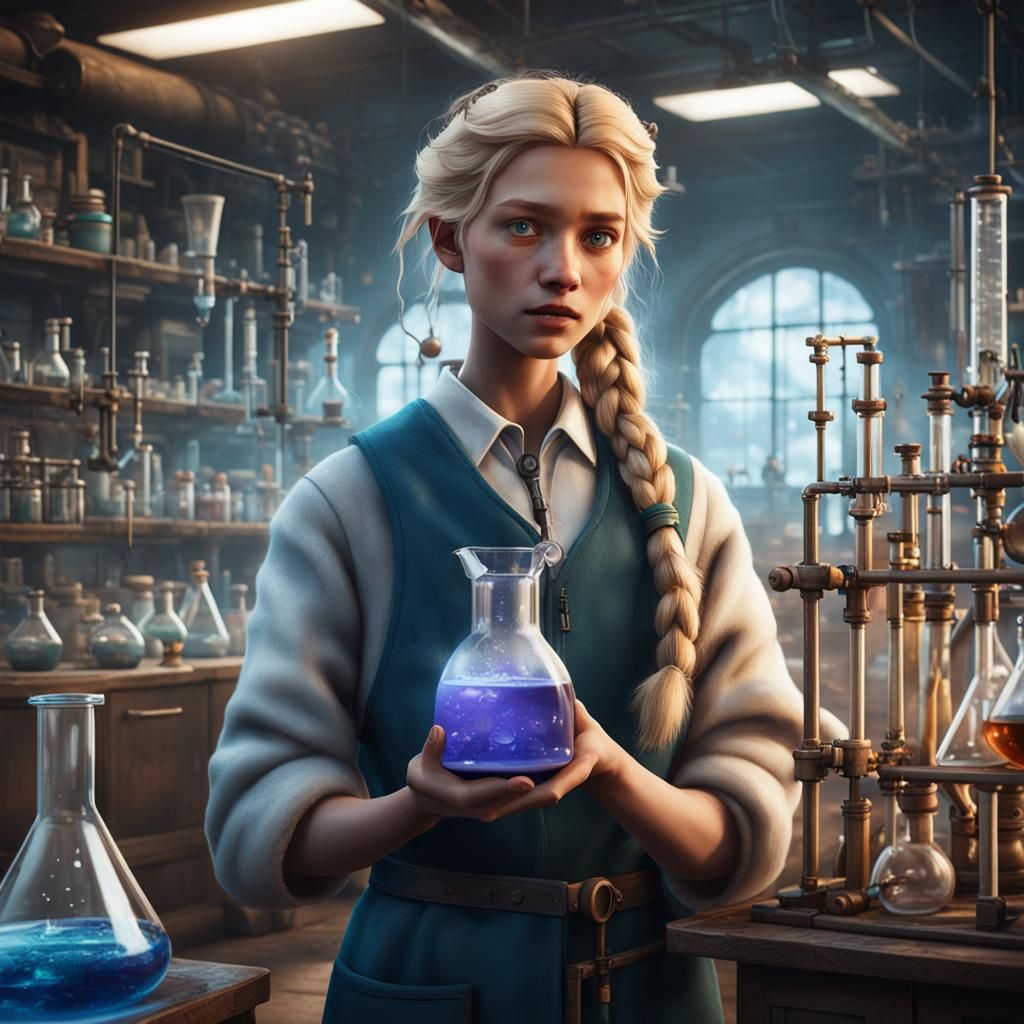 Female Scientist in Lab with Smoking Liquid