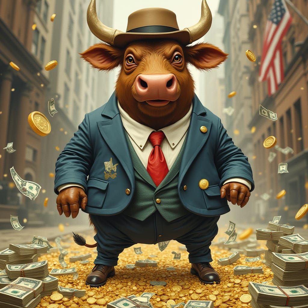 Anthropomorphic Bull on Wall Street in Rockwell Style