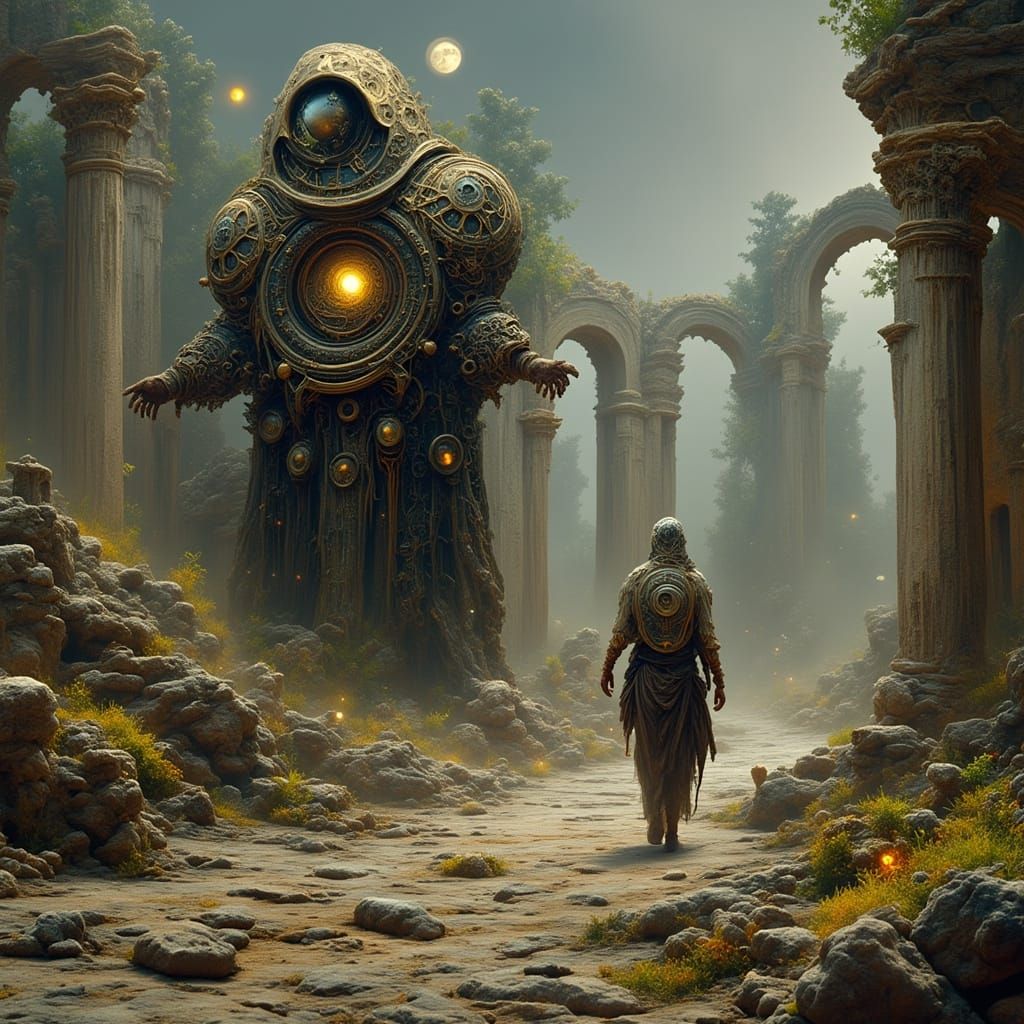 Clockwork Figure on Stardust Path in Dreamlike Style