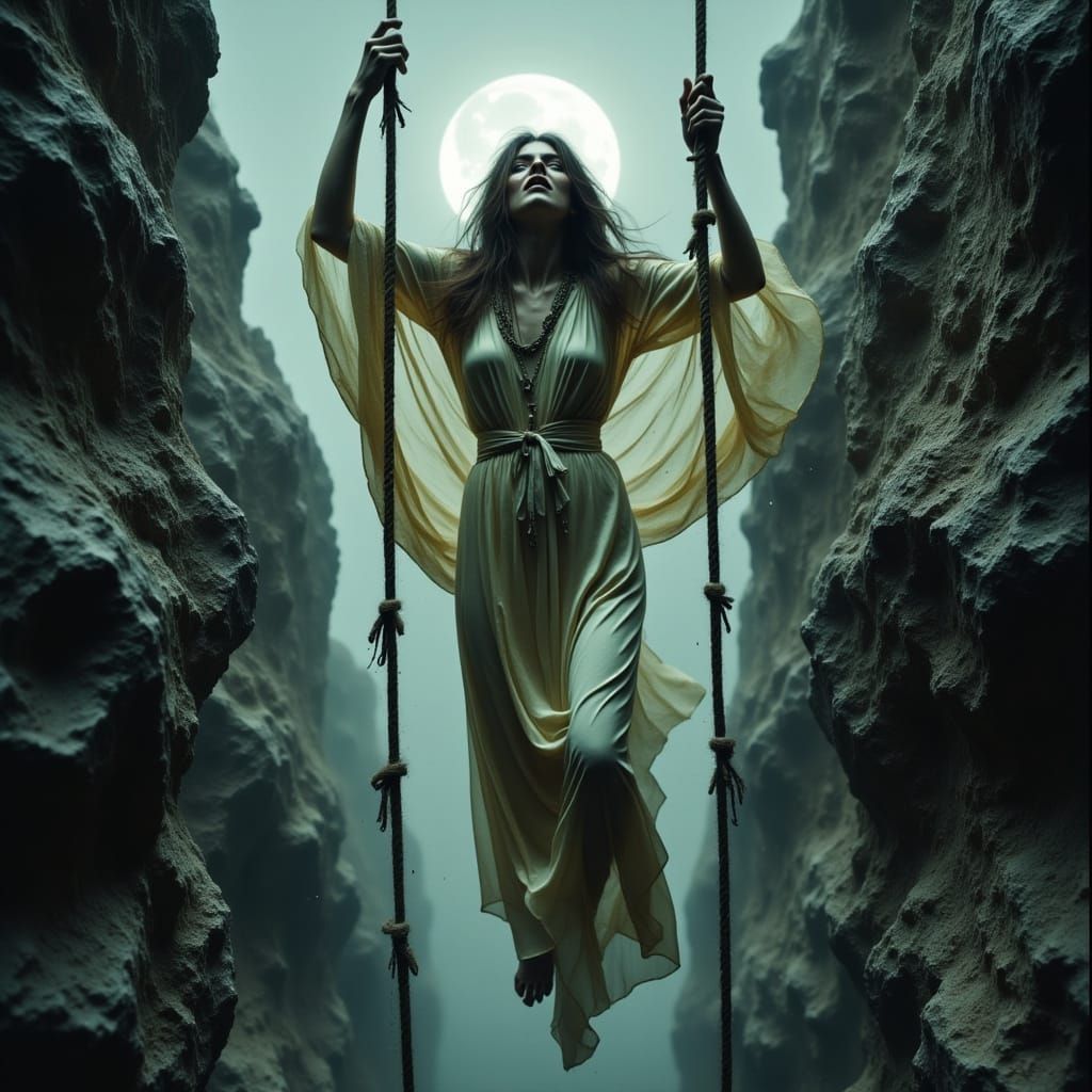 Desperate Woman on Rope in Canyon, Cinematic Realism