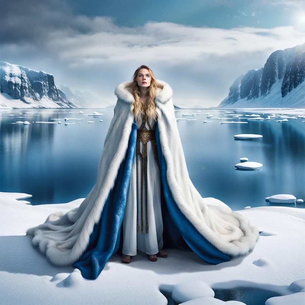 Giant Woman Cloaked in Sky Over Frozen Norse Lake