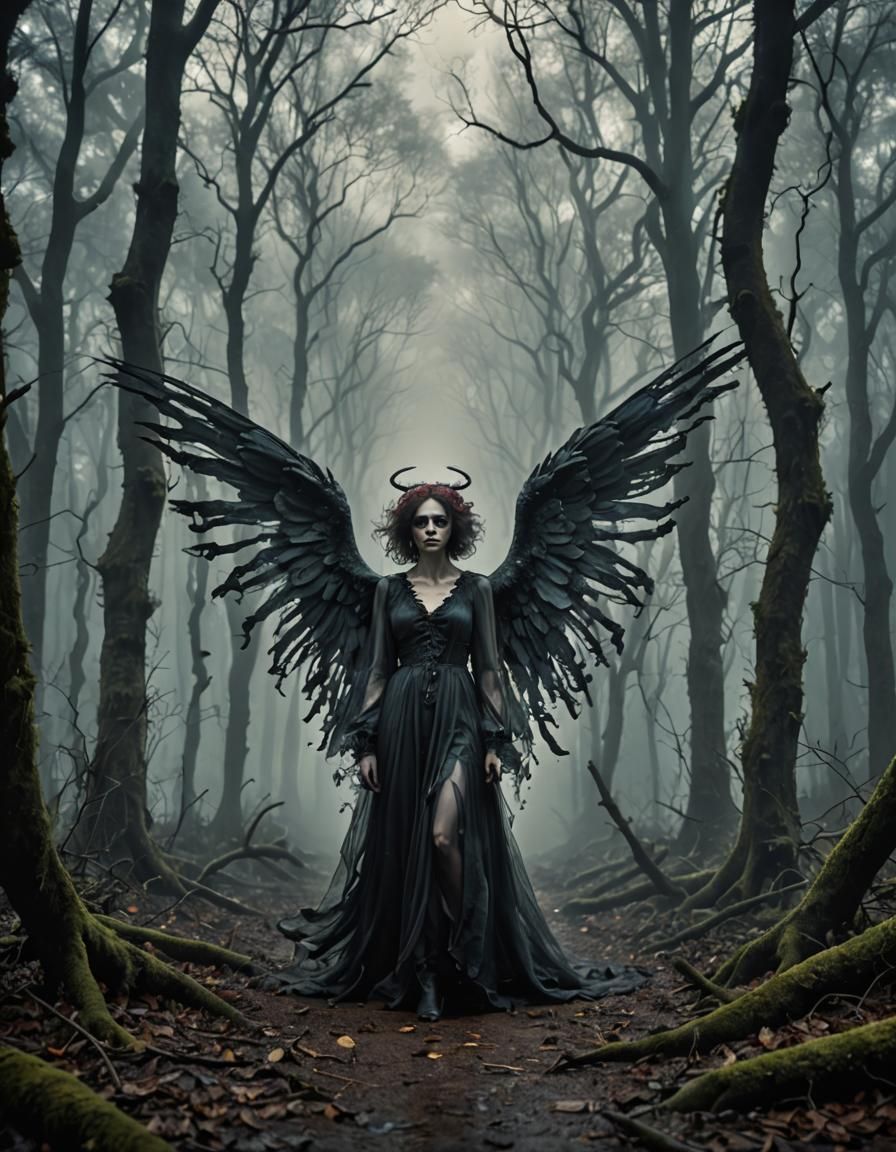 Ethereal Fallen Angel in Tim Burton Style Forest