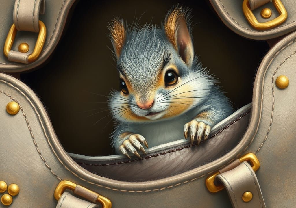 Squirrel Peeks Out of Designer Handbag, Whimsical Illustrati...