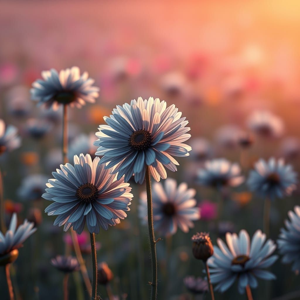 Grey Field of Blooming Flowers in Hyperrealistic Style
