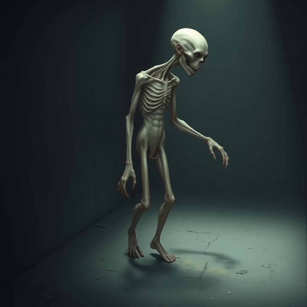 Eerie Humanoid Figure in Dimly Lit Cell