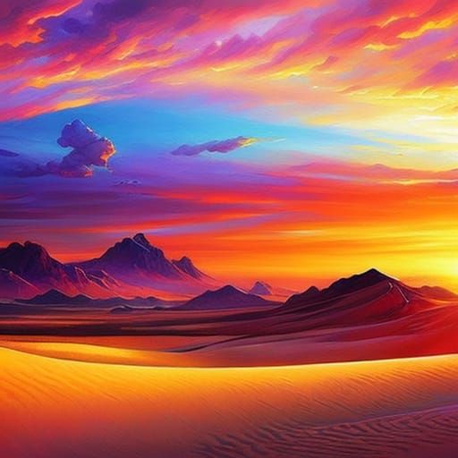 Anime Desert Sunset with Rainbow Sky
