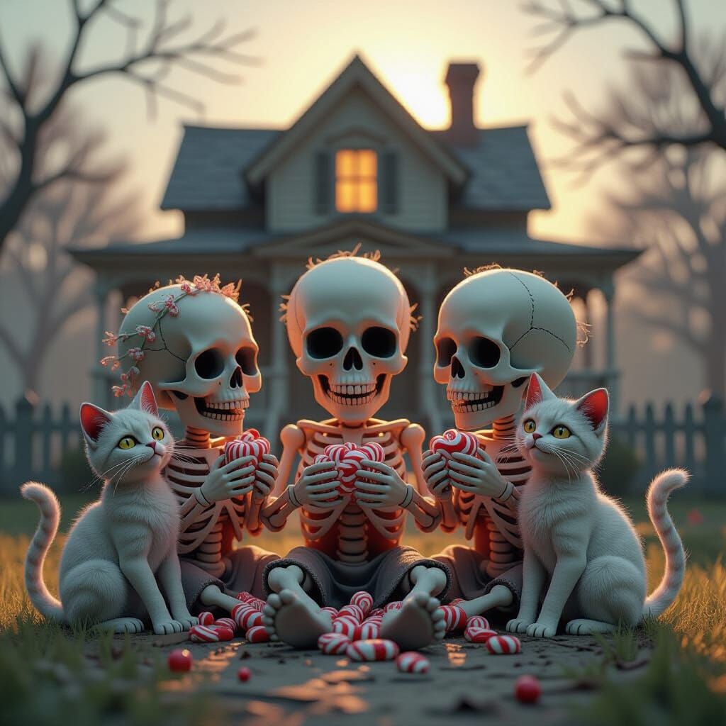 Eerie Skeleton Children with Zombie Cats, Haunted House 3D R...