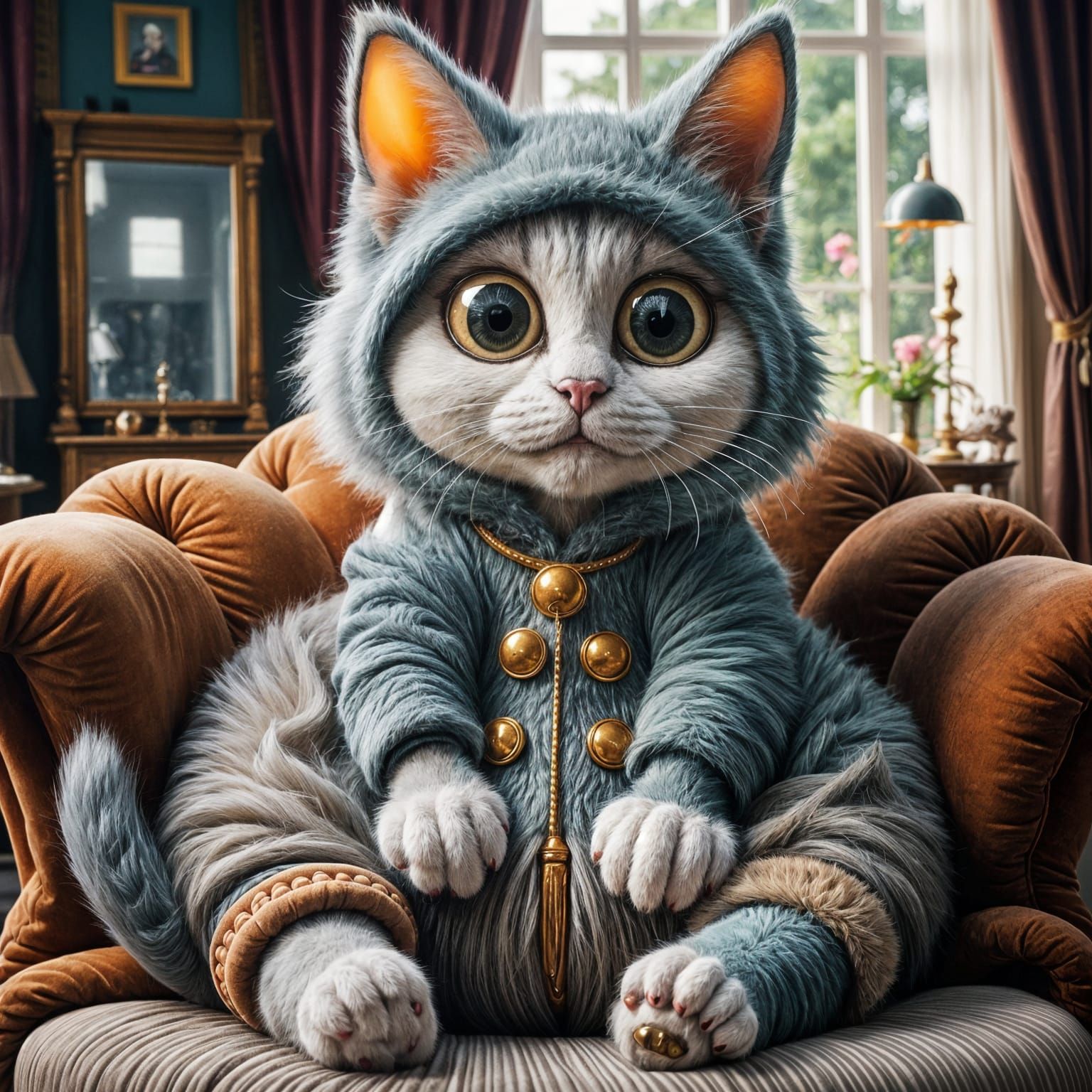 Fluffy Cat Caricature with Googly Eyes