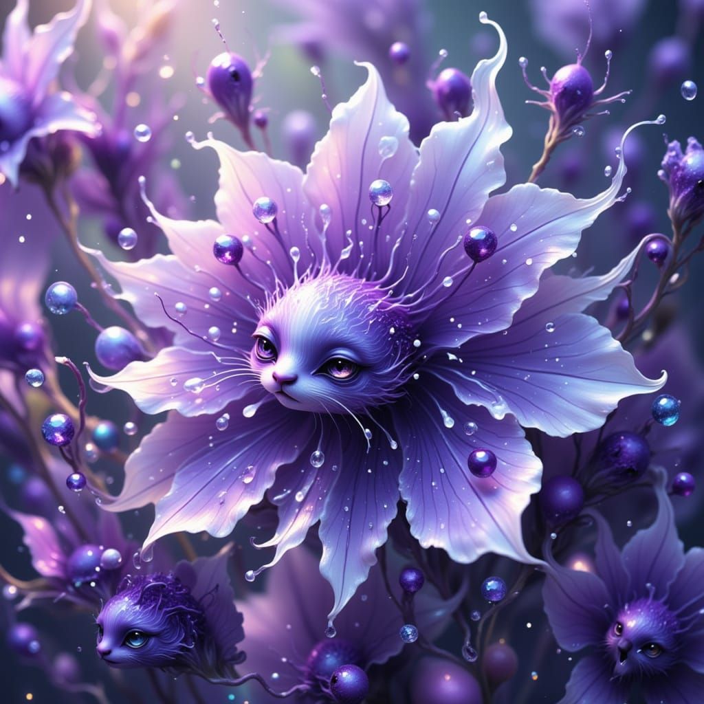 Whimsical Cat-Faced Flowers in Fantasy Concept Art Style