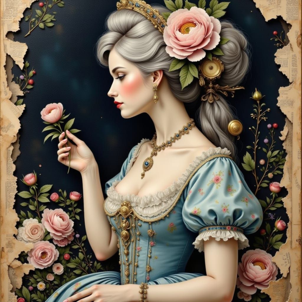 18th Century Woman in Rococo Dress with Mixed Media Accents