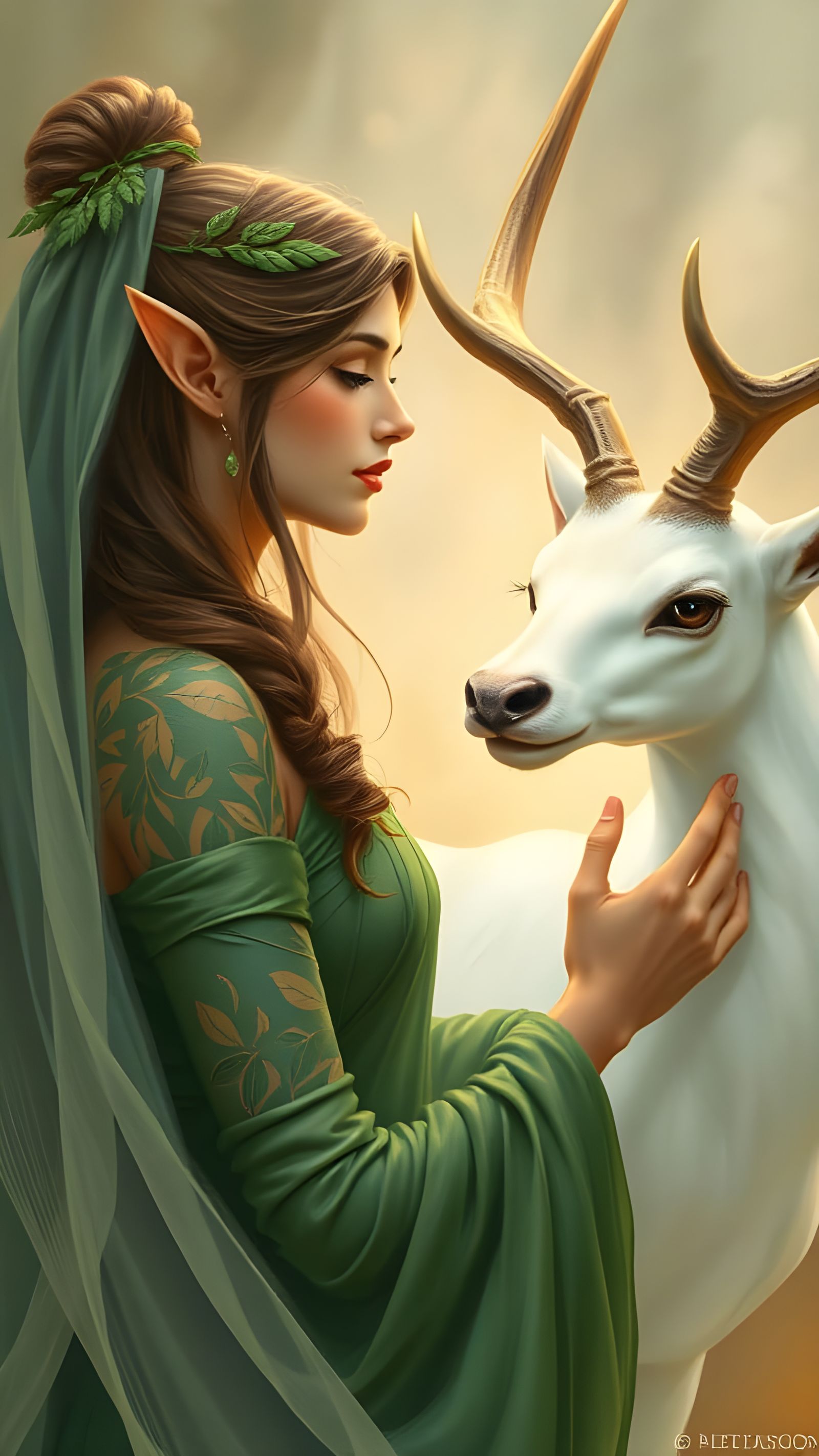 Elven Woman and Glowing Stag in Pastel Earth Tones