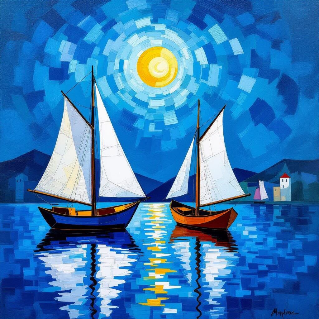 Two Swans in Cubist Style with Wings Upraised