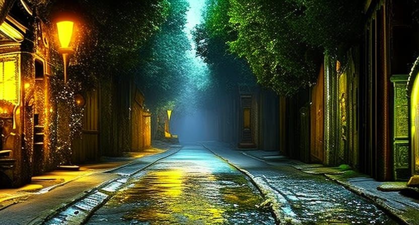 Fireflies in Decaying Steampunk Cityscape: Matte Painting