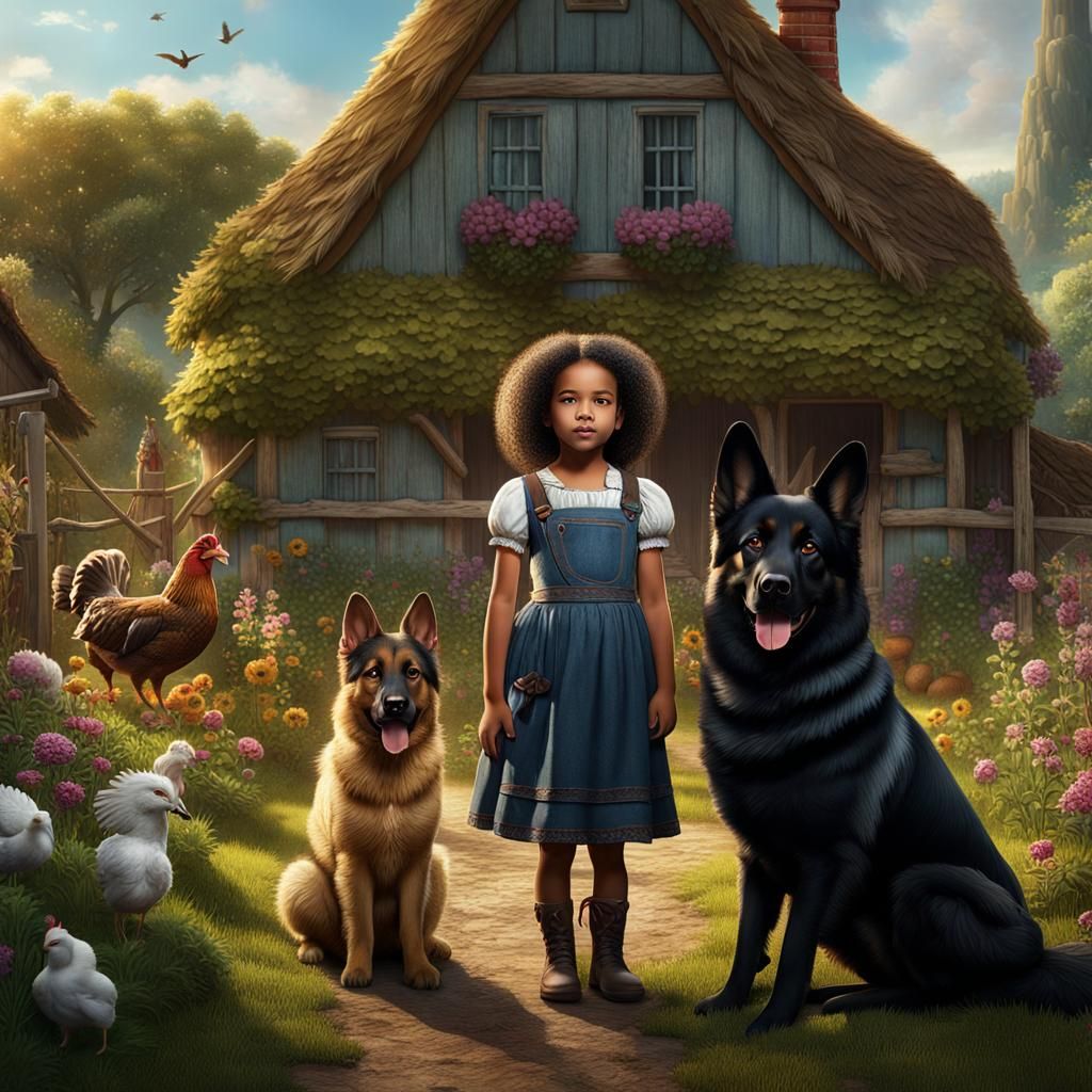 Girl with Giant Hen and Dog: Fantasy Art