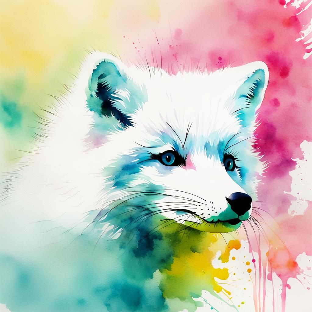 Minimalist Arctic Fox in Watercolour with Double Exposure