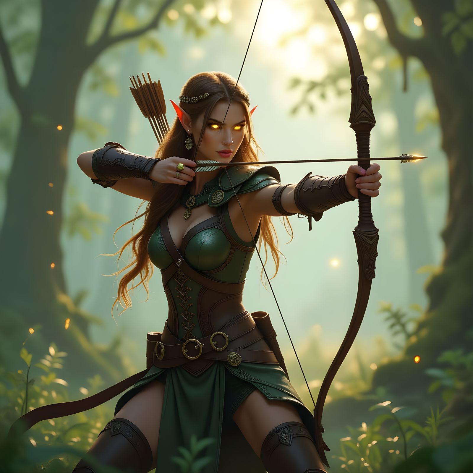 Elven Huntress in Misty Forest: Digital Painting