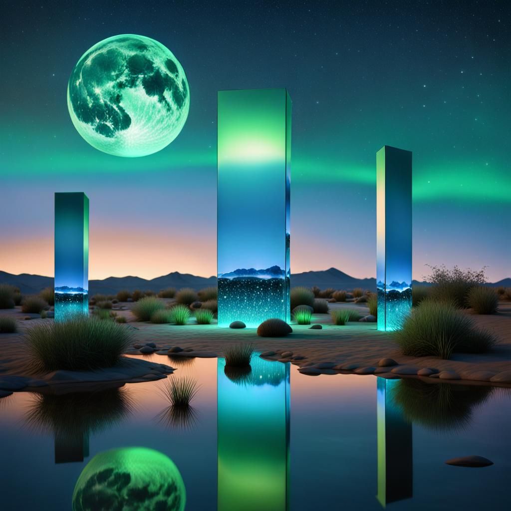 Desert Monoliths at Dusk in Magic Realism Style