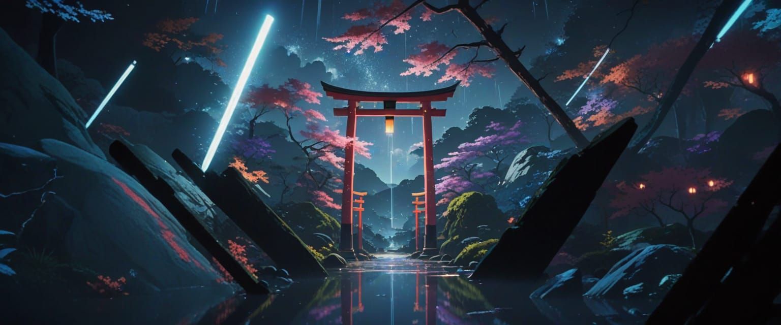 Cinematic Anime Landscape of Torii Gates at Night
