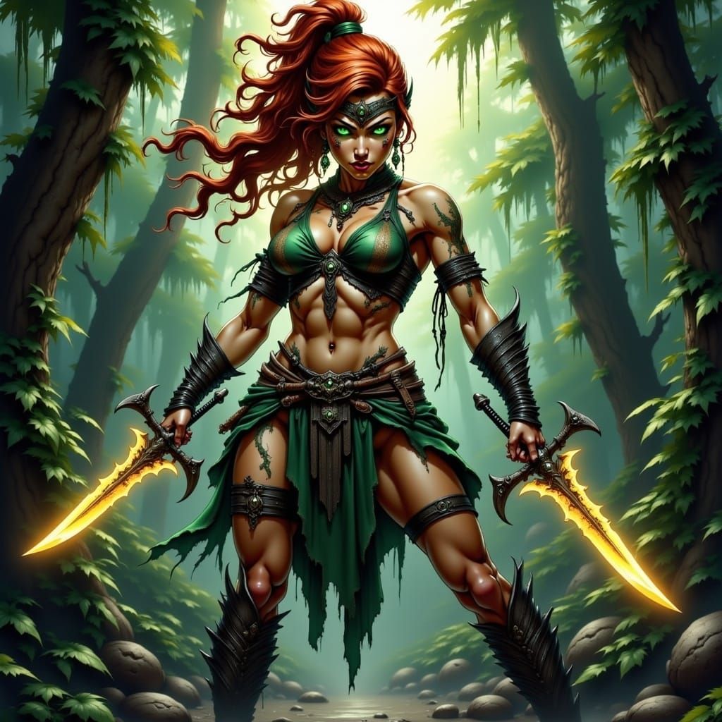 Fierce Huntress in Lush Jungle, Anime Style