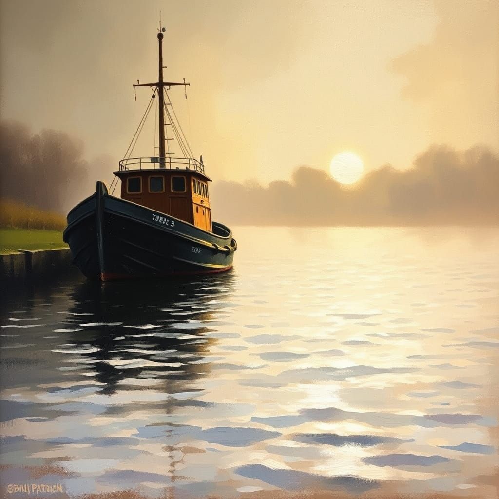 Tranquil Waters: Tugboat Resting in Golden Light