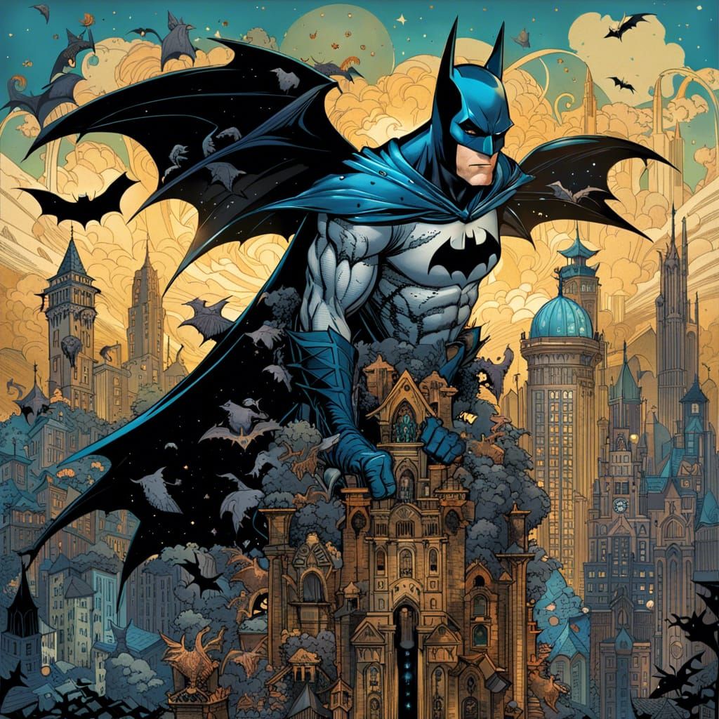 Batman Double Exposure Portrait with Bats and Gargoyles