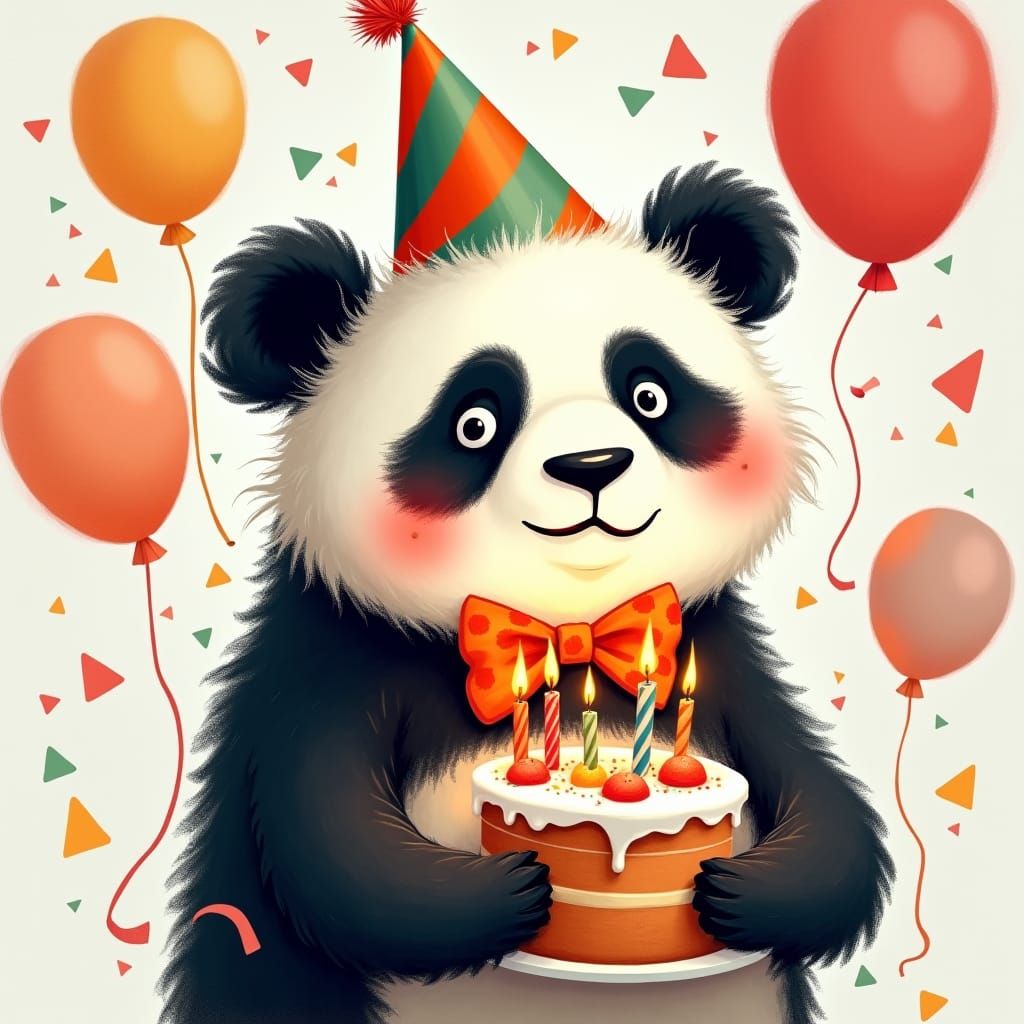 Panda Celebrates Birthday in Whimsical Illustration Style