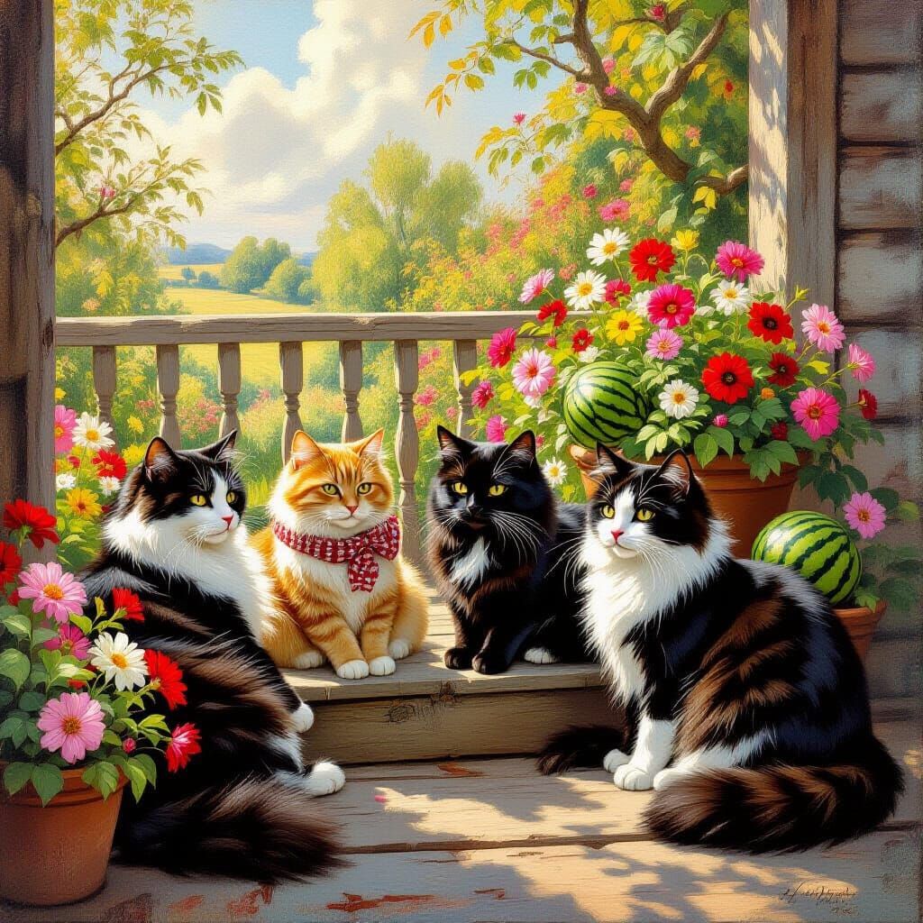 Cats on a Farmhouse Verandah in Classical Style