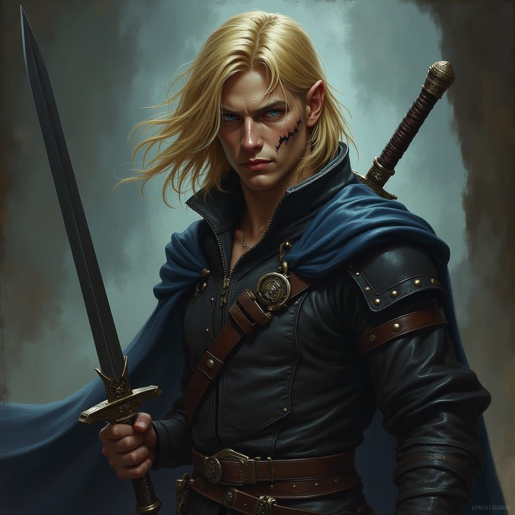 Mysterious Dhampir Warrior with Golden Blonde Hair and Pierc...