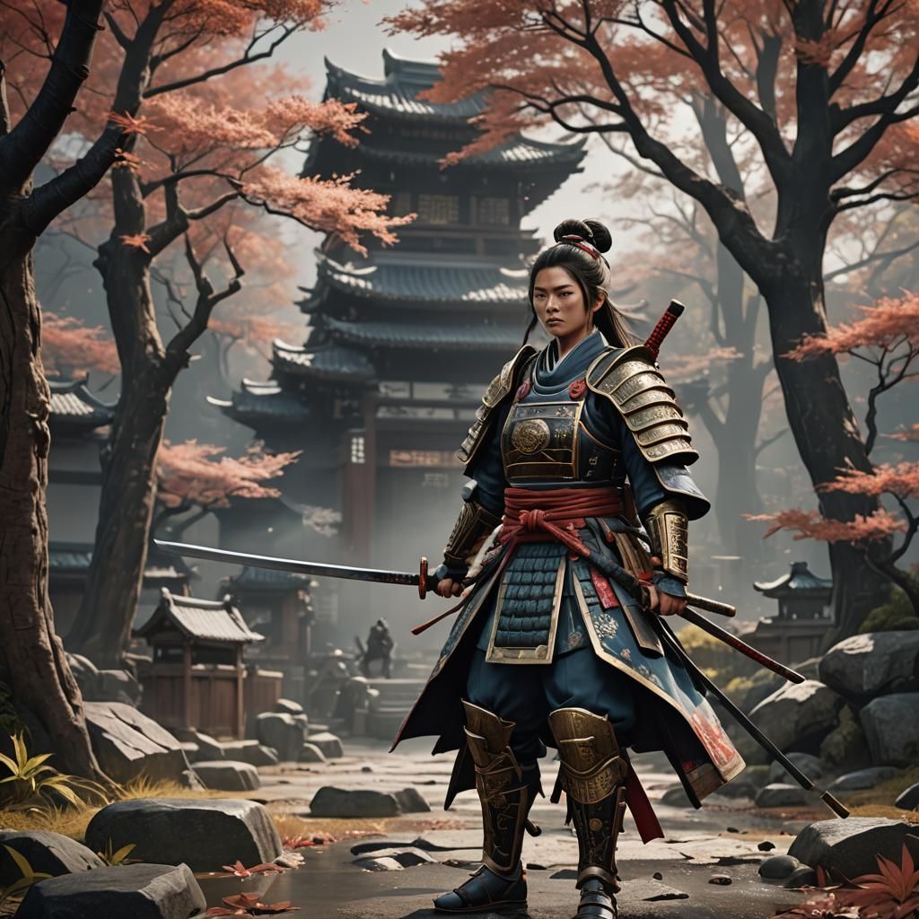 Female Samurai in O-Yoroi Armor: Detailed Matte Painting
