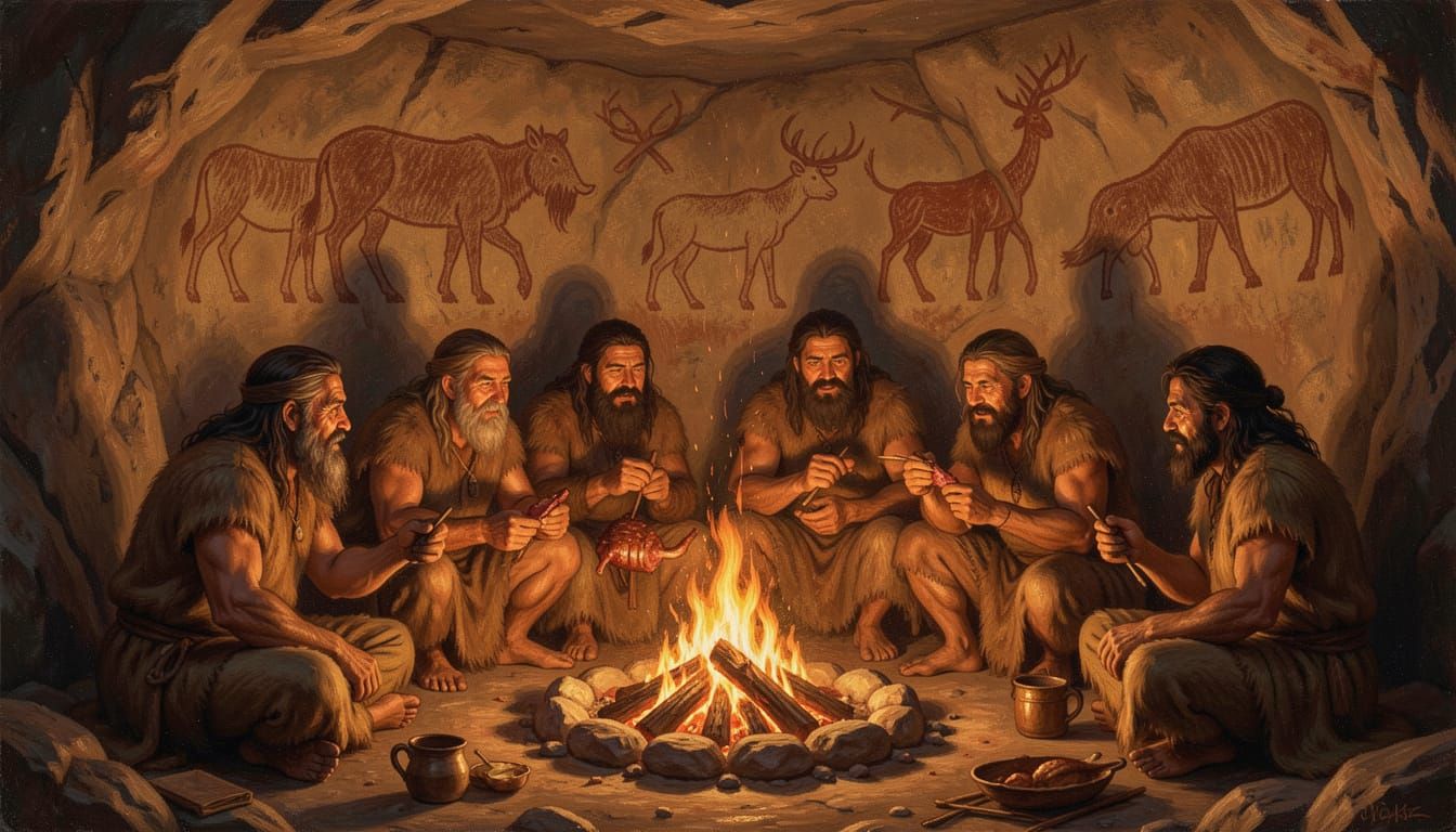 Early Humans Gather Around Fire for Storytelling