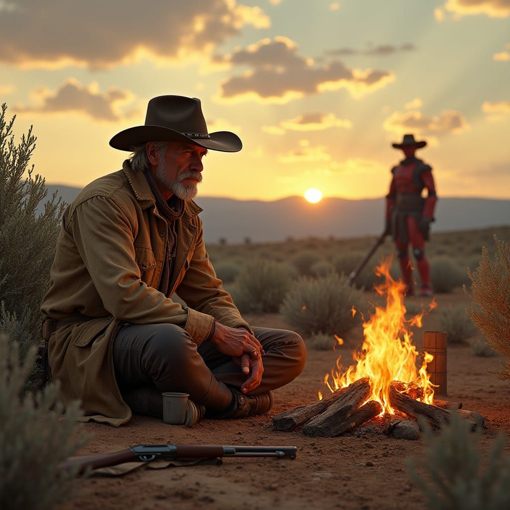 Weathered Cowboy Contemplates Sunset in the Badlands