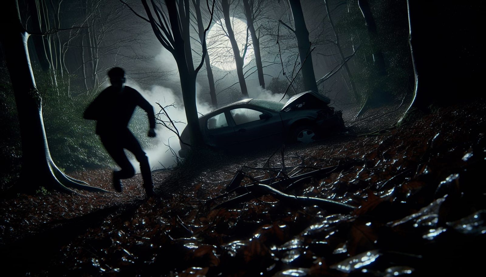 Eerie Woodland Escape Aftermath: Silhouette in the Shadows