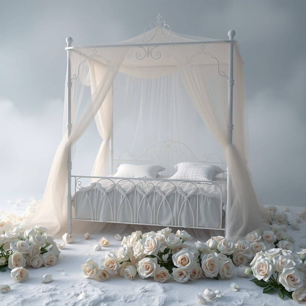 Dreamy White Metal Canopy in Snowy Garden with Roses and Fog
