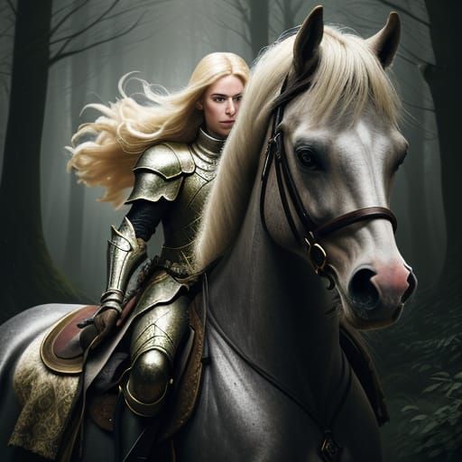 Blonde Warrior Woman on Horse in Moody Forest Oil Painting