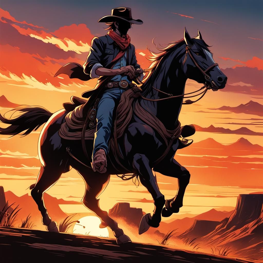 Cowboy Rides Into Sunset in Anime Style