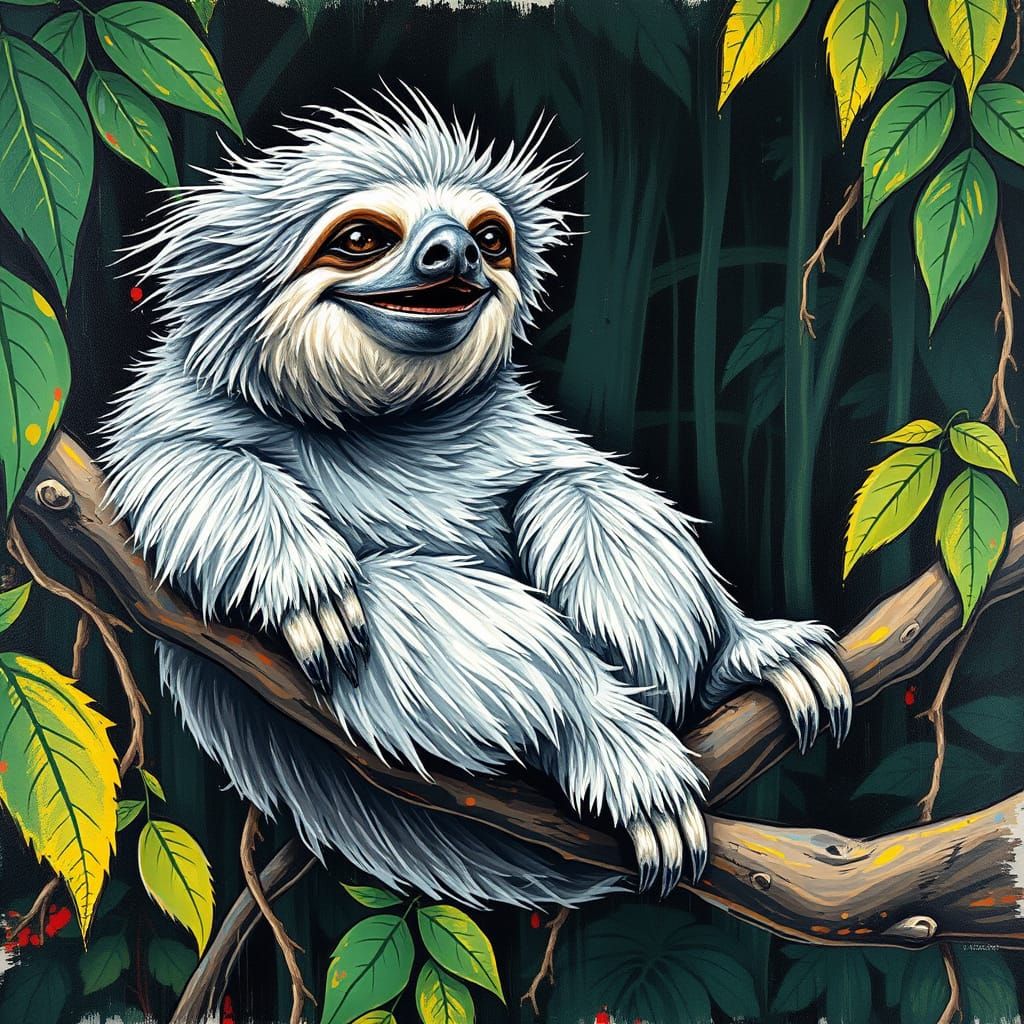 Smiling Sloth with Silvery Fur in Detailed Sketch Style