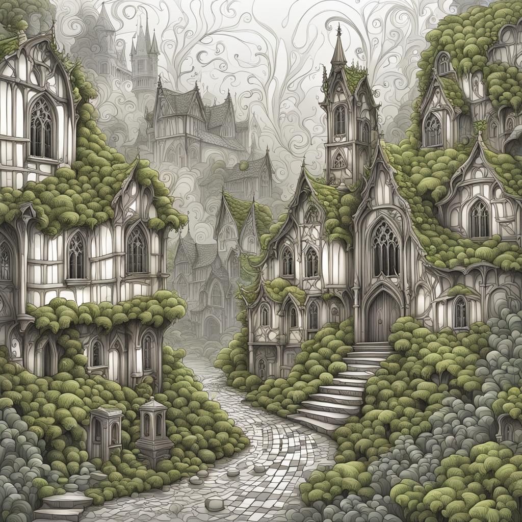 Rainy Gothic Town with Woods and Ivy