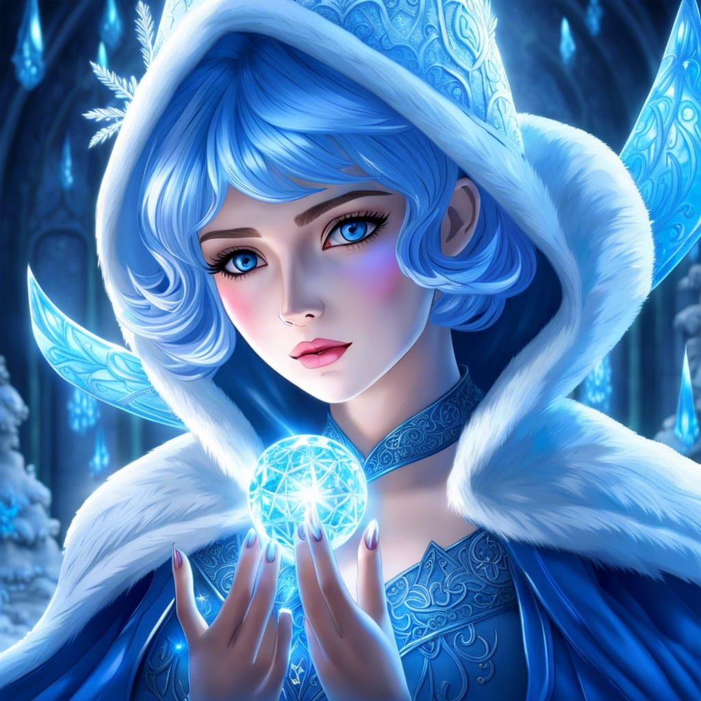Snow Wizard Woman Casting Ice Magic, Anime Style
